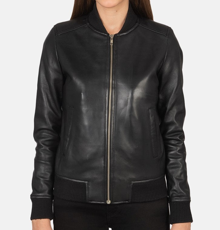 Jorde Calf Women’s Black Slim Fit Bomber Leather Jacket | Casual Zip Up Real Lambskin Genuine Leather Jacket For Women