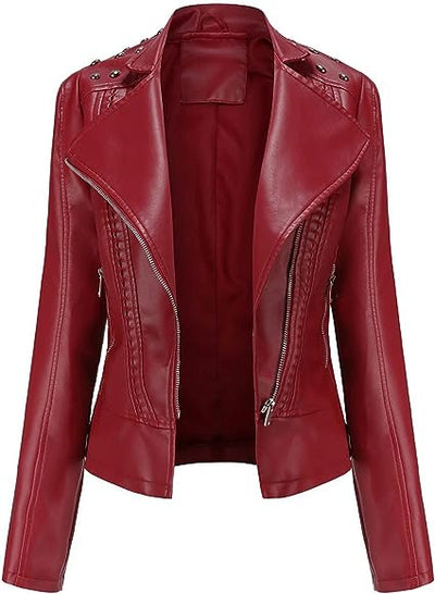 Jorde Calf Women’s Casual Studded Shoulder Leather Jacket | Moto Motorcycle Zip Up Biker Leather Jacket For Women.