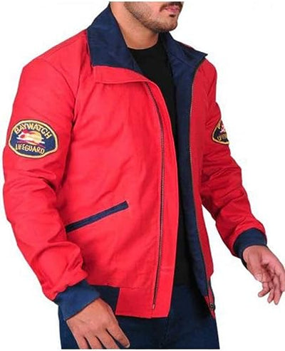 Jorde Calf Men’s Baywatch Red David Hasselhoff Jacket | Life Guard Beach Style Red Cotton Bomber Jacket For Men.