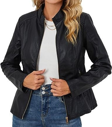 Jorde Calf Women’s Black Stand Collar Casual Leather Jacket | Motorcycle Real Lambskin Biker Leather Jacket For Women.