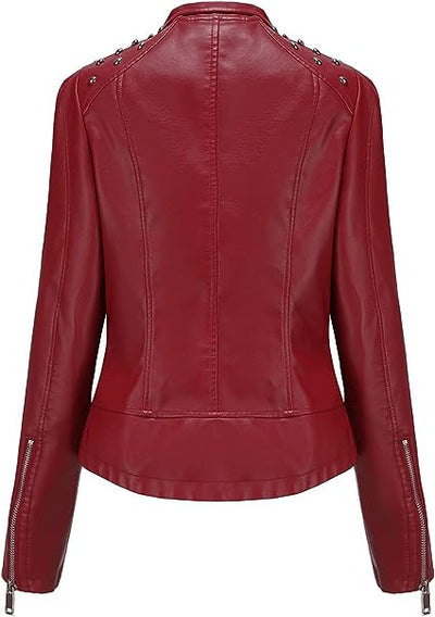 Jorde Calf Women’s Casual Studded Shoulder Leather Jacket | Moto Motorcycle Zip Up Biker Leather Jacket For Women.