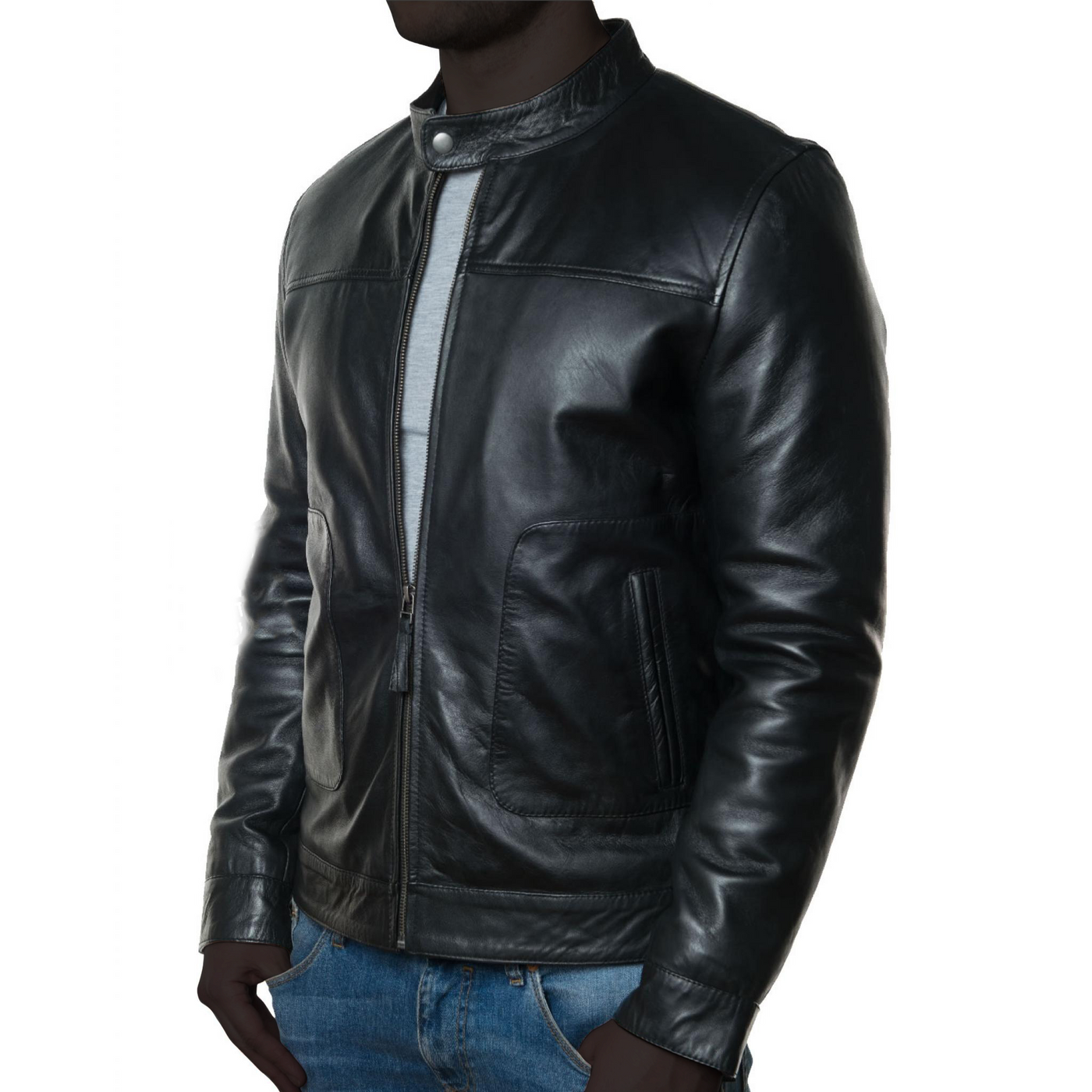 Jorde Calf Men's Classic Slim Fit Cafe Racer Motorcycle Biker Black Lambskin Leather Jacket For men.