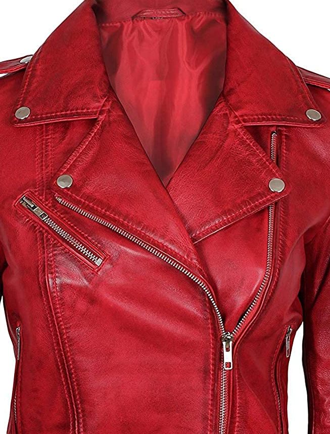 Women’s Red Biker Leather Jacket |Slim fit Motorcycle Retro Leather Jacket for Women