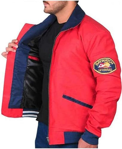 Jorde Calf Men’s Baywatch Red David Hasselhoff Jacket | Life Guard Beach Style Red Cotton Bomber Jacket For Men.