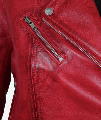 Women’s Red Biker Leather Jacket |Slim fit Motorcycle Retro Leather Jacket for Women