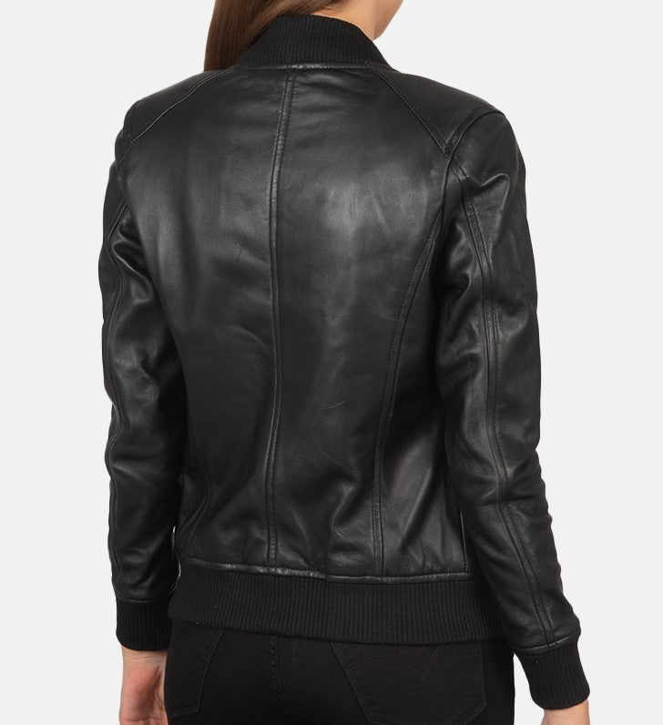 Jorde Calf Women’s Black Slim Fit Bomber Leather Jacket | Casual Zip Up Real Lambskin Genuine Leather Jacket For Women