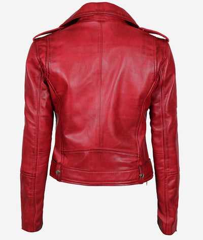 Women’s Red Biker Leather Jacket |Slim fit Motorcycle Retro Leather Jacket for Women