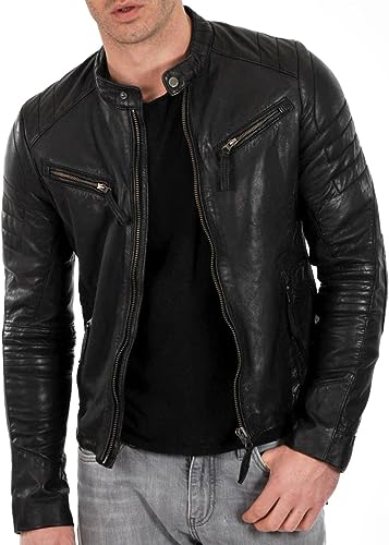 Jorde Calf Men’s Black Slim Fit Biker Leather Jacket | Café Racer Motorcycle Real Lambskin Leather Jacket For Men