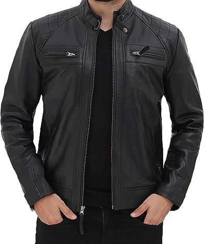 Jorde Calf Men’s Black Café Racer Biker Leather Jacket | Distressed Motorcycle Quilted Lambskin Leather Jacket For Men