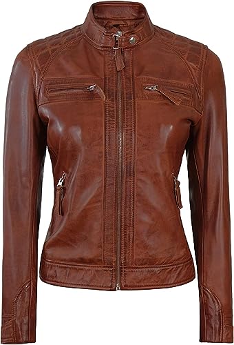 Jorde Calf Women’s Cafe Racer Slim Fit Leather Jacket | Distressed Motorcycle Quilted Biker Style Leather Jacket.