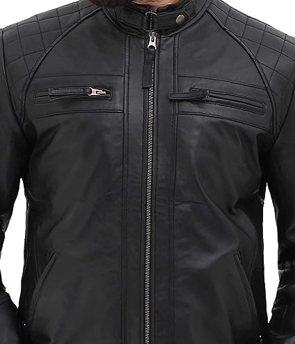 Jorde Calf Men’s Black Café Racer Biker Leather Jacket | Distressed Motorcycle Quilted Lambskin Leather Jacket For Men