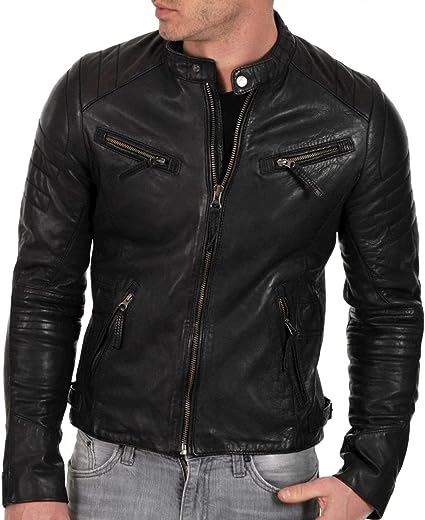 Jorde Calf Men’s Black Slim Fit Biker Leather Jacket | Café Racer Motorcycle Real Lambskin Leather Jacket For Men