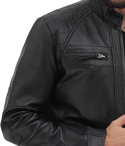 Jorde Calf Men’s Black Café Racer Biker Leather Jacket | Distressed Motorcycle Quilted Lambskin Leather Jacket For Men