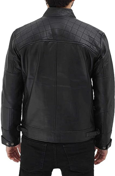 Jorde Calf Men’s Black Café Racer Biker Leather Jacket | Distressed Motorcycle Quilted Lambskin Leather Jacket For Men