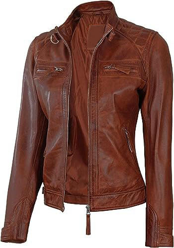 Jorde Calf Women’s Cafe Racer Slim Fit Leather Jacket | Distressed Motorcycle Quilted Biker Style Leather Jacket.